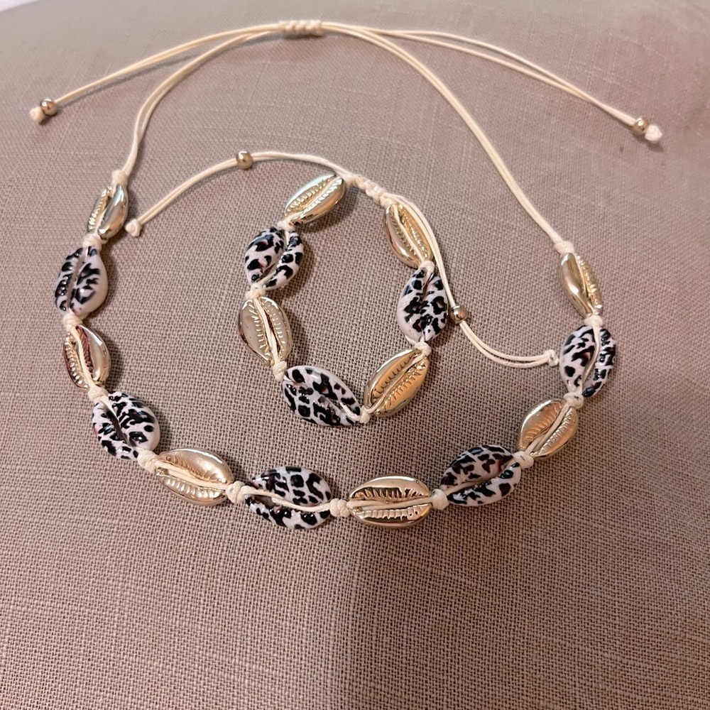 Cowrie Shell Gold Animal Print Bead Separator Necklace Bracelet Set Adjustable